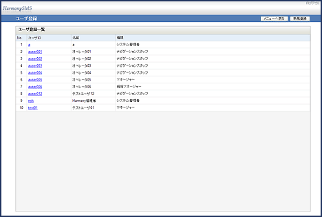 HarmonySMS ユーザ登録一覧画面